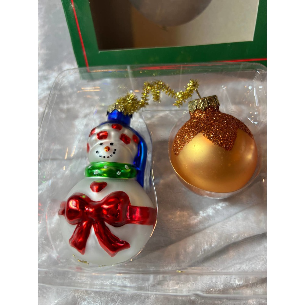 Christmas House Handpainted Blown Glass Ornaments Set of 2 Snowman & Gold Ball